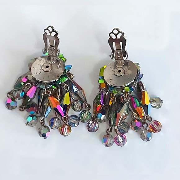 Cha Cha Earrings, Sparkling Rainbow Cluster Dangle Clip on Earrings MCM - Picture 6 of 6